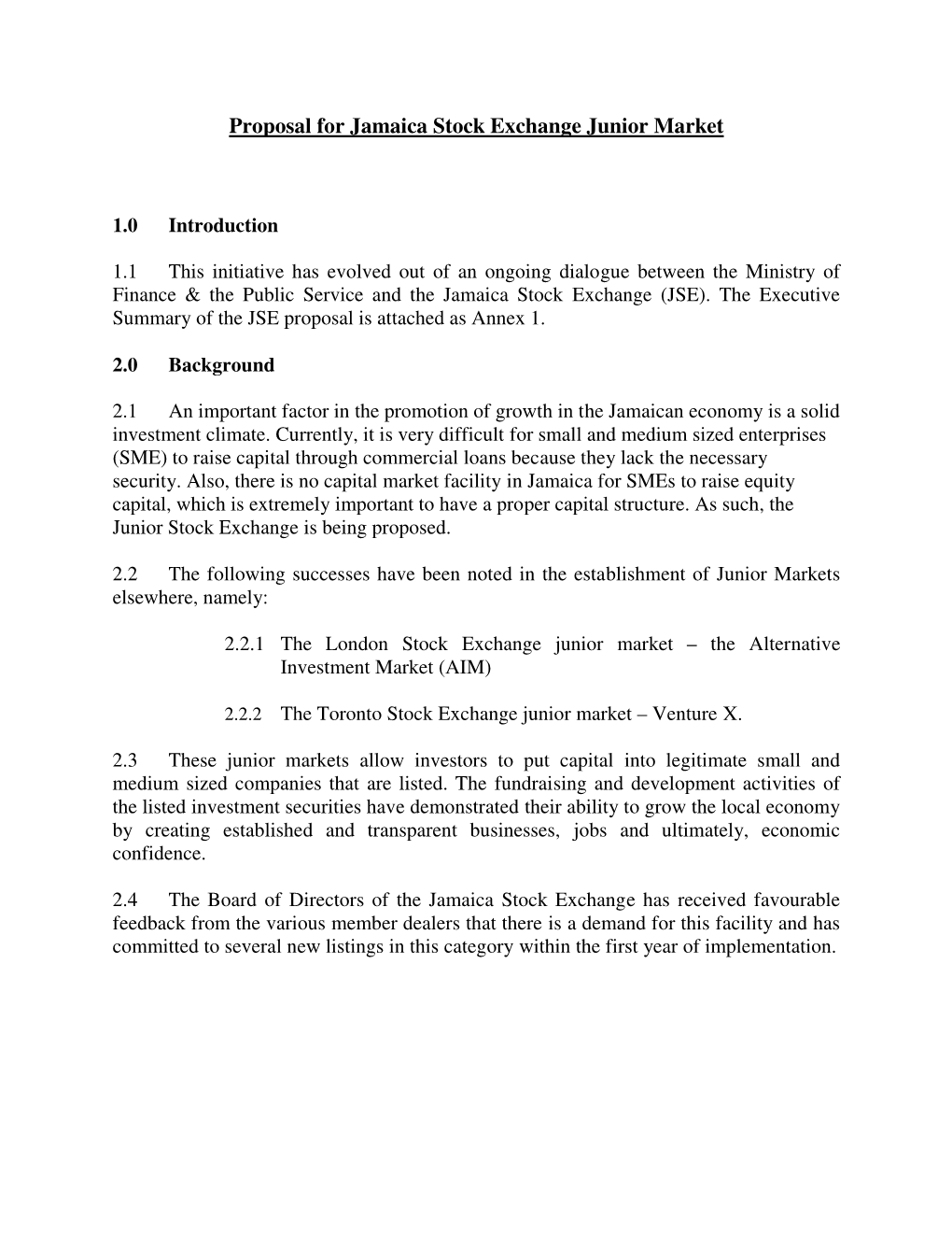 Proposal for Jamaica Stock Exchange Junior Market