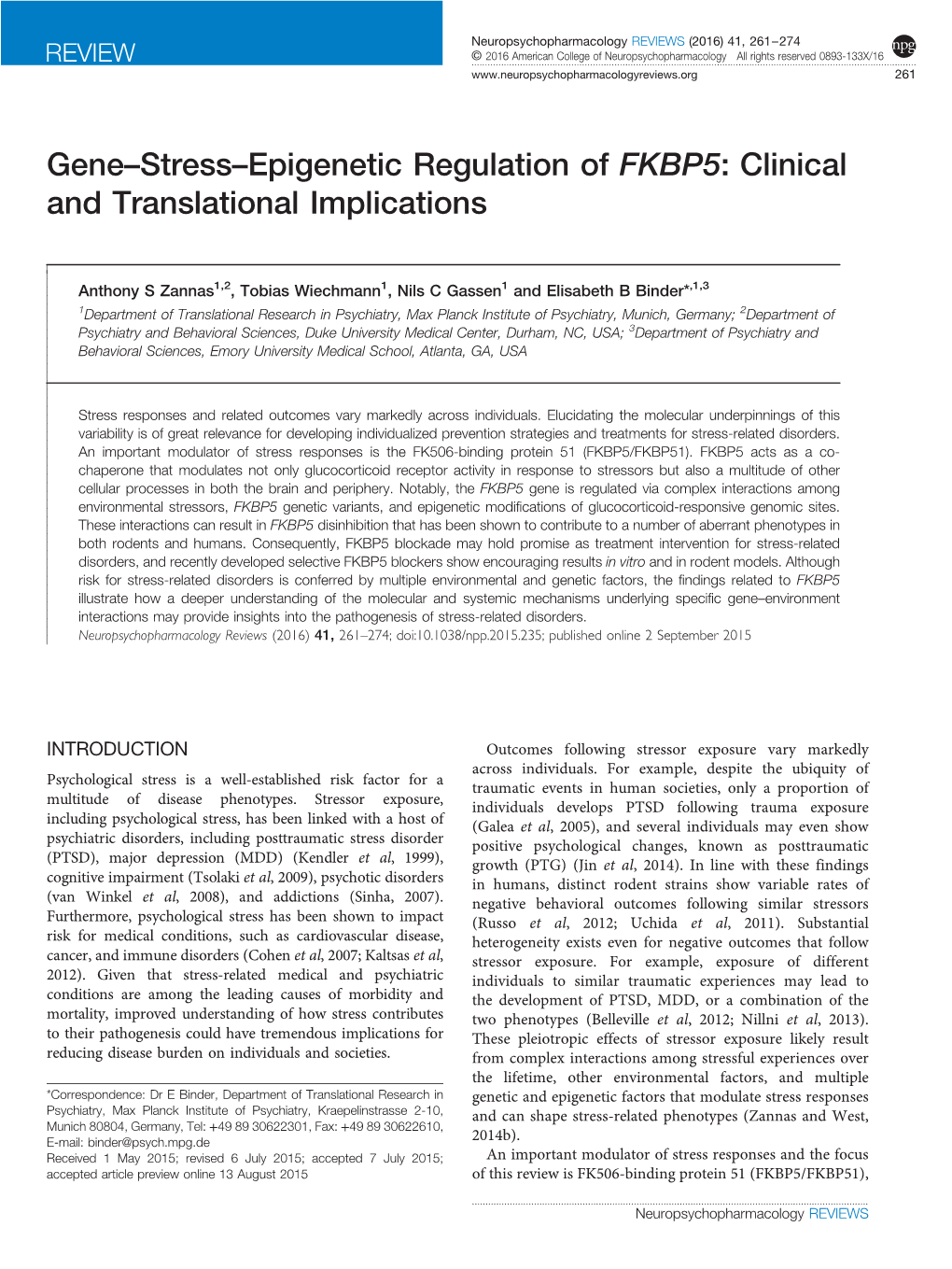 Epigenetic Regulation of FKBP5: Clinical and Translational Implications