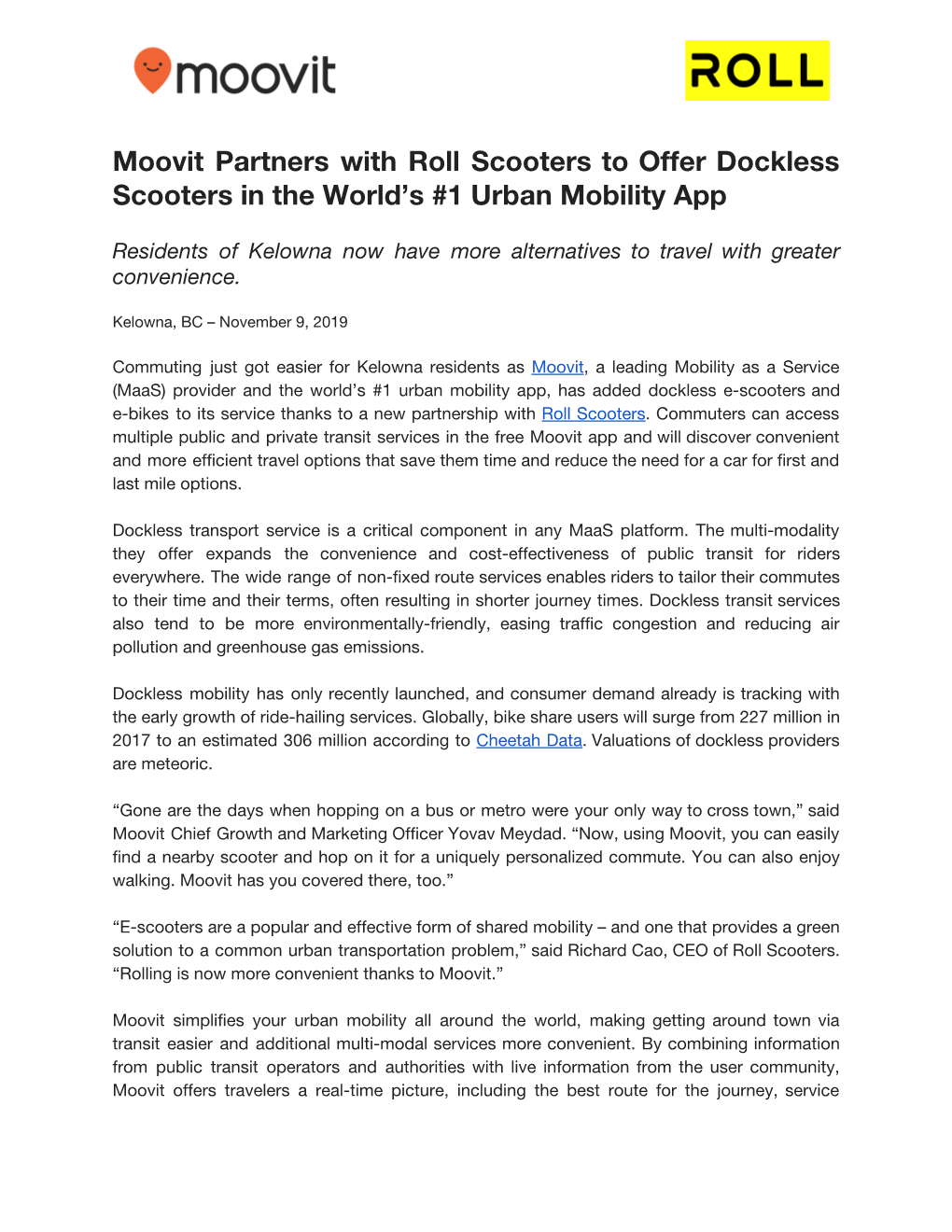 Moovit Partners with Roll Scooters to Offer Dockless Scooters in the World’S #1 Urban Mobility App