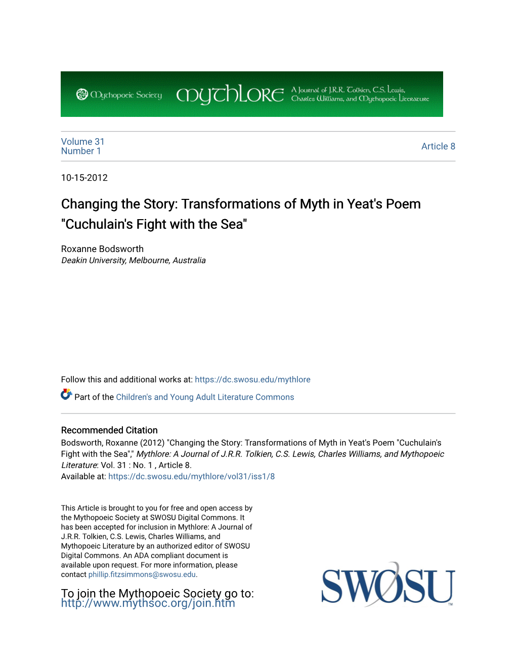 Transformations of Myth in Yeat's Poem 