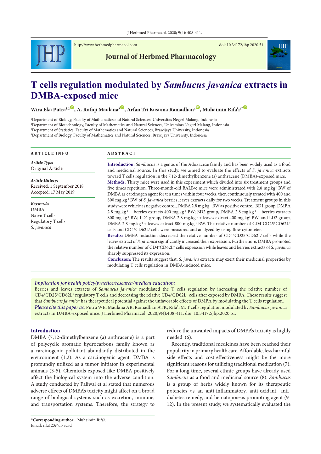 T Cells Regulation Modulated by Sambucus Javanica Extracts in DMBA-Exposed Mice