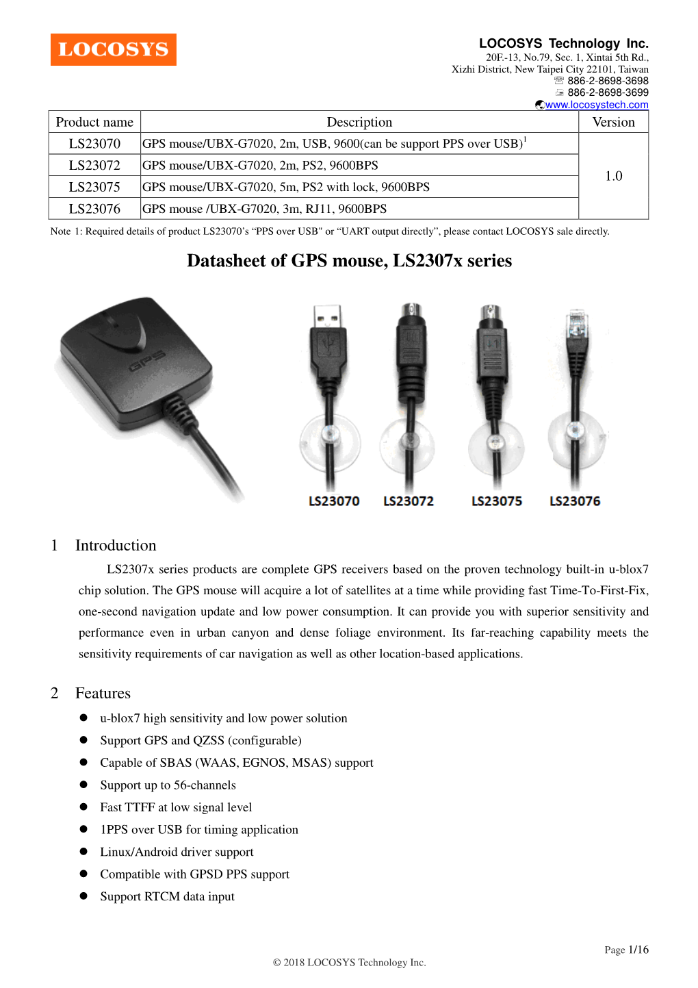 Datasheet of GPS Mouse, Ls2307x Series