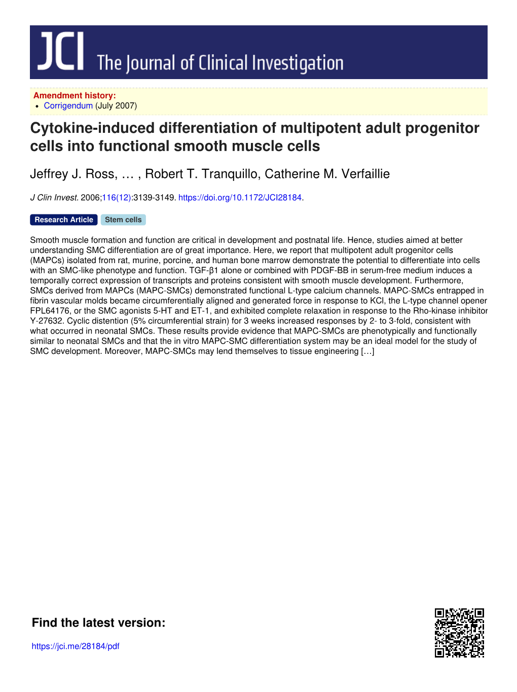 Cytokine-Induced Differentiation of Multipotent Adult Progenitor Cells Into Functional Smooth Muscle Cells