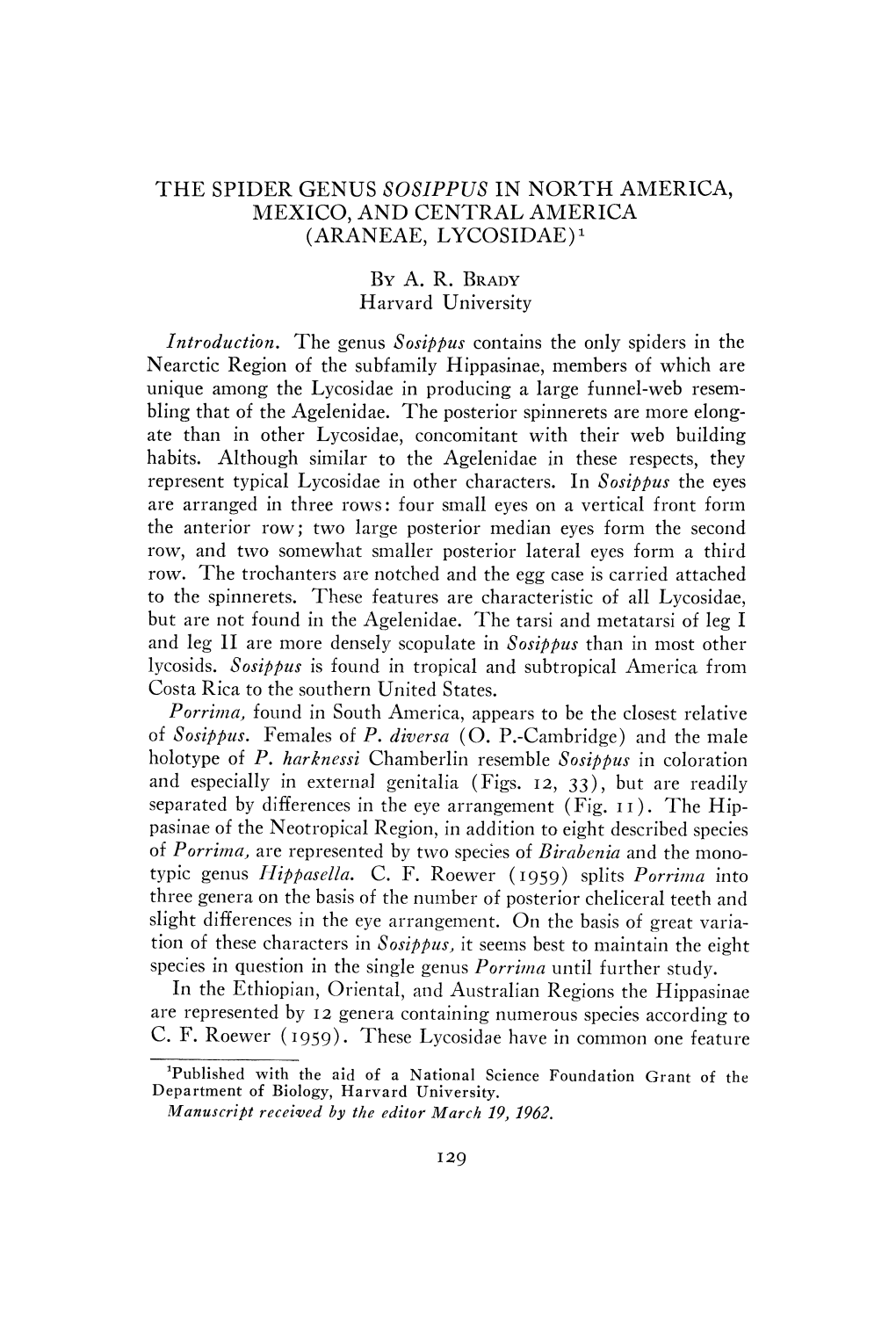 The Spider Genus Sosippus in North America, Mexico, and Central America (Araneae, Lycosidae) by A