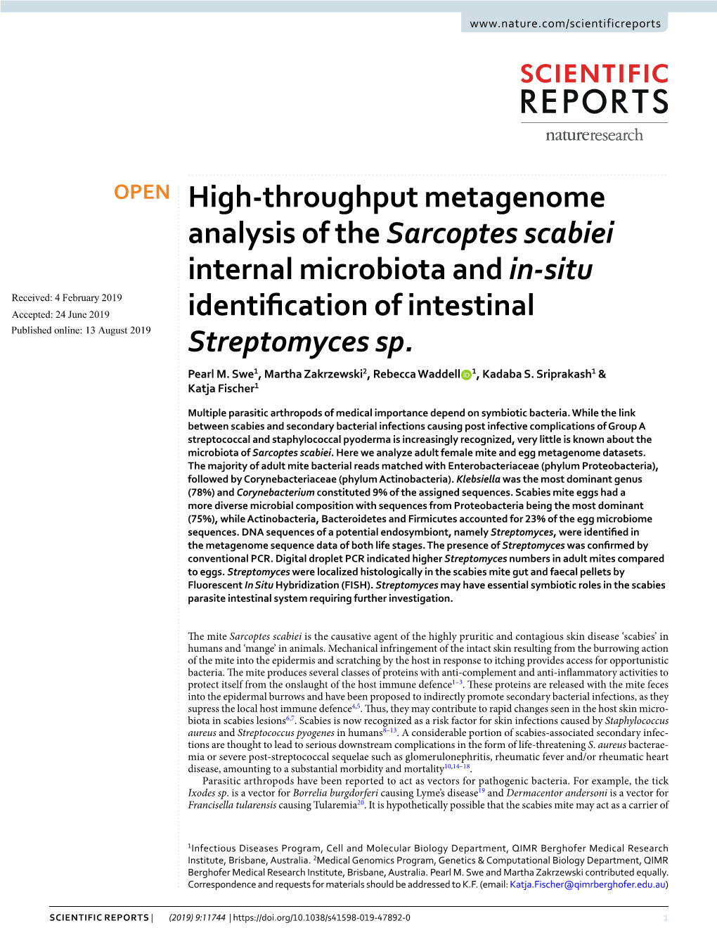 High-Throughput Metagenome Analysis of the Sarcoptes Scabiei