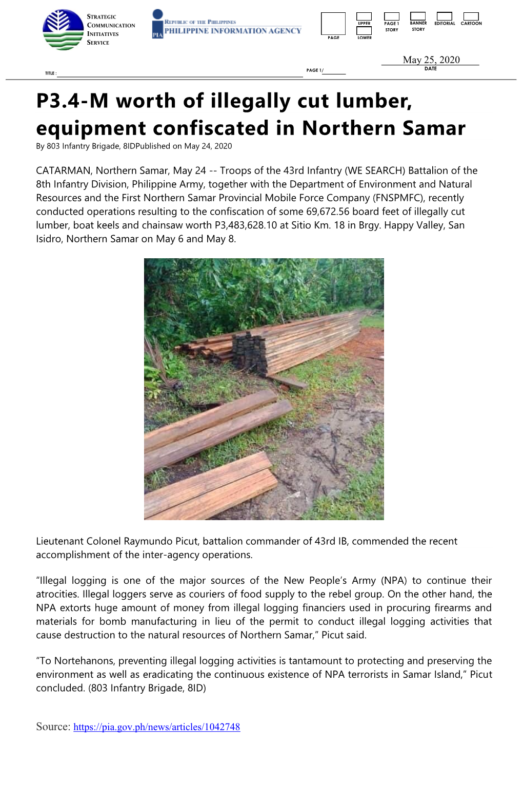P3.4-M Worth of Illegally Cut Lumber, Equipment Confiscated in Northern Samar by 803 Infantry Brigade, 8Idpublished on May 24, 2020