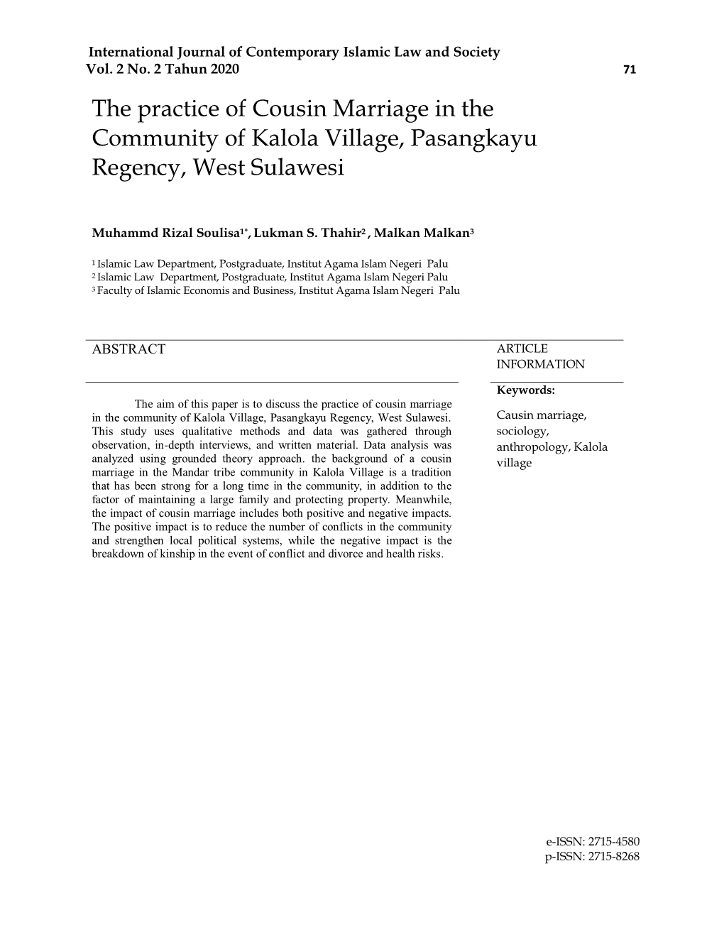 The Practice of Cousin Marriage in the Community of Kalola Village, Pasangkayu Regency, West Sulawesi