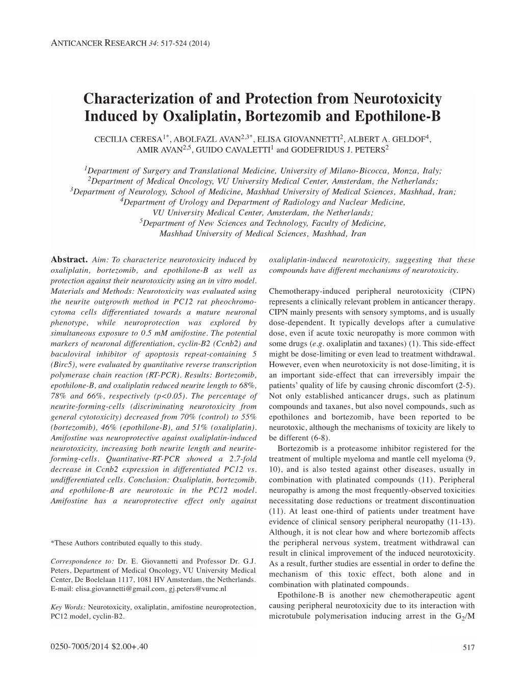 Characterization of and Protection from Neurotoxicity Induced by Oxaliplatin, Bortezomib and Epothilone-B