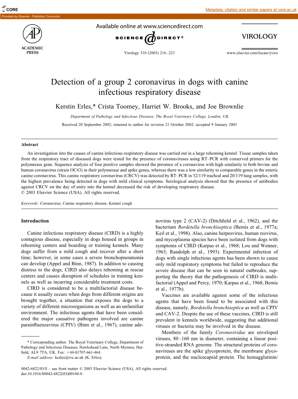 Detection of a Group 2 Coronavirus in Dogs with Canine Infectious Respiratory Disease