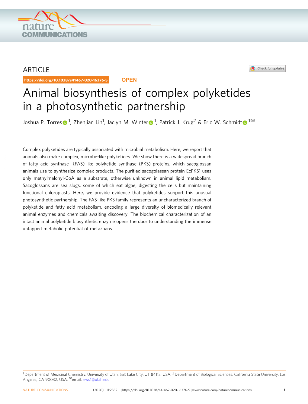 Animal Biosynthesis of Complex Polyketides in a Photosynthetic Partnership ✉ Joshua P