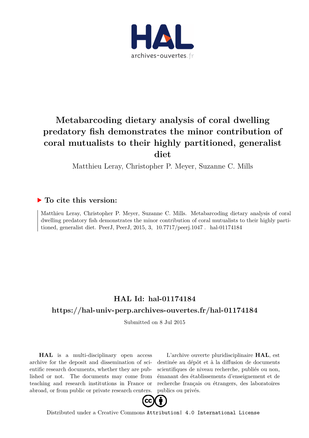 Metabarcoding Dietary Analysis of Coral Dwelling Predatory