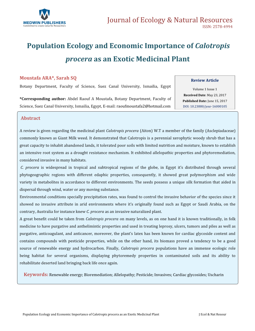 Population Ecology and Economic Importance of Calotropis Procera As an Exotic Medicinal Plant