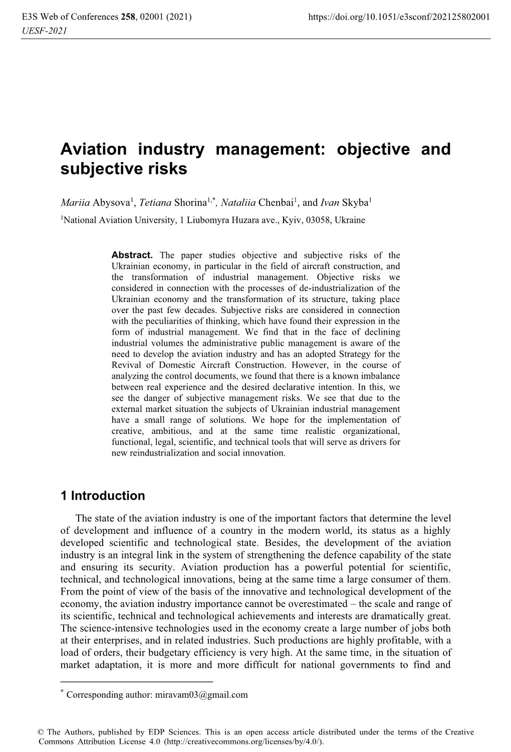 Aviation Industry Management: Objective and Subjective Risks