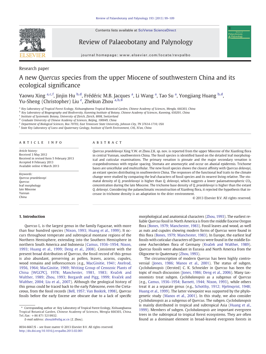 A New Quercus Species from the Upper Miocene of Southwestern China and Its Ecological Significance