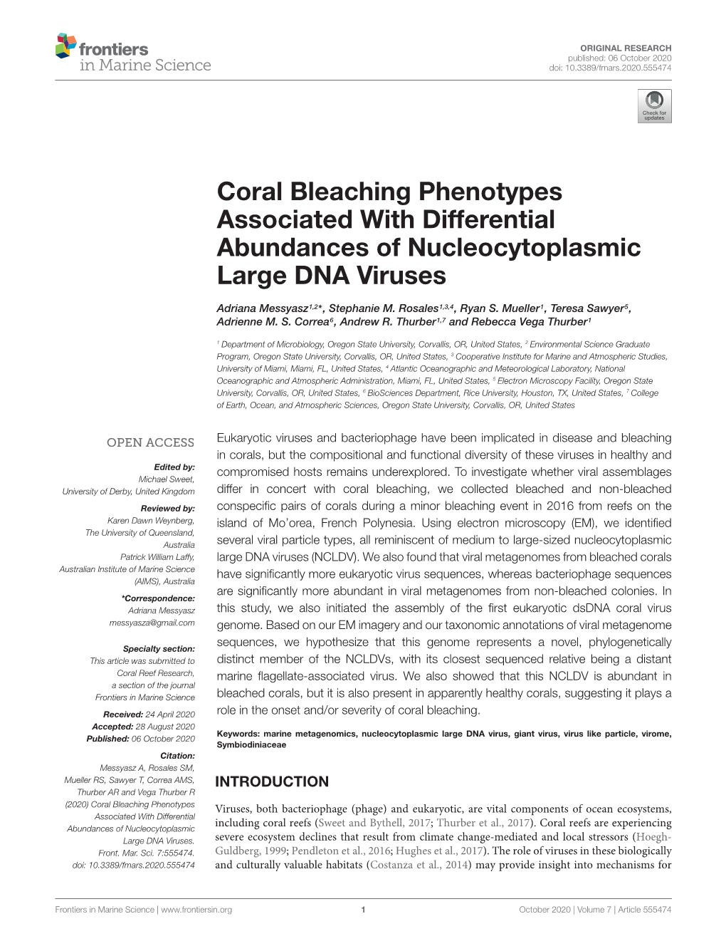 Coral Bleaching Phenotypes Associated with Differential Abundances of Nucleocytoplasmic Large DNA Viruses