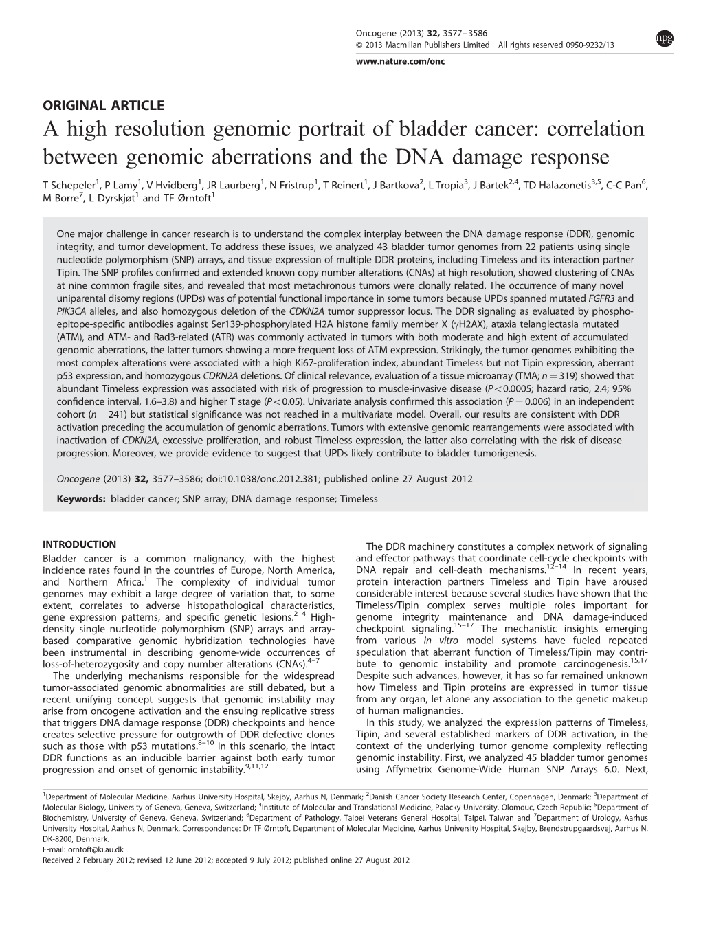 A High Resolution Genomic Portrait of Bladder Cancer: Correlation Between Genomic Aberrations and the DNA Damage Response