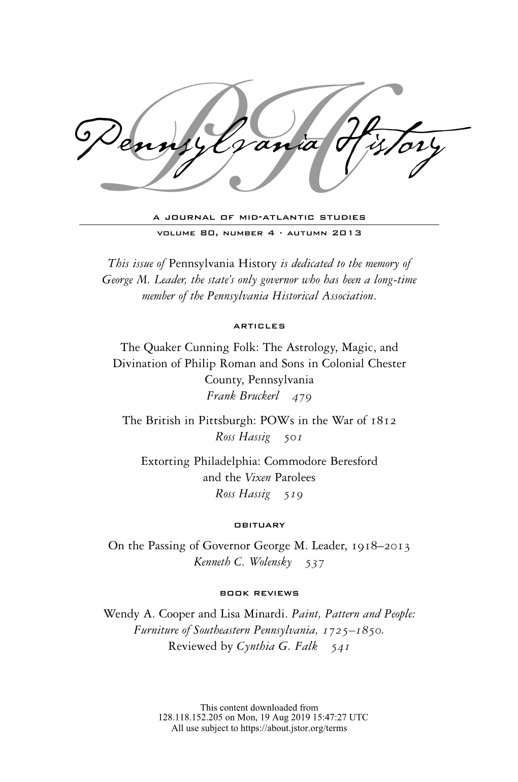 Pennsylvania History: a Journal of Mid-Atlantic Studies Volume 80