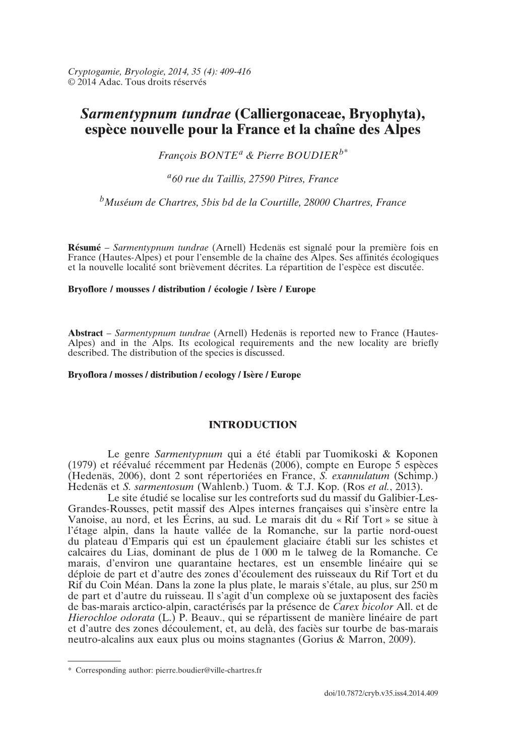 Calliergonaceae, Bryophyta), Espèce Nouvelle Pour La France Et La Chaîne Des Alpes
