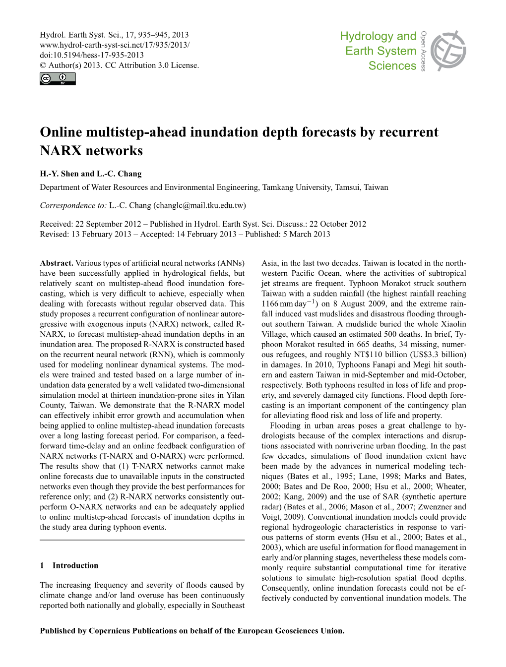 Online Multistep-Ahead Inundation Depth Forecasts by Recurrent NARX