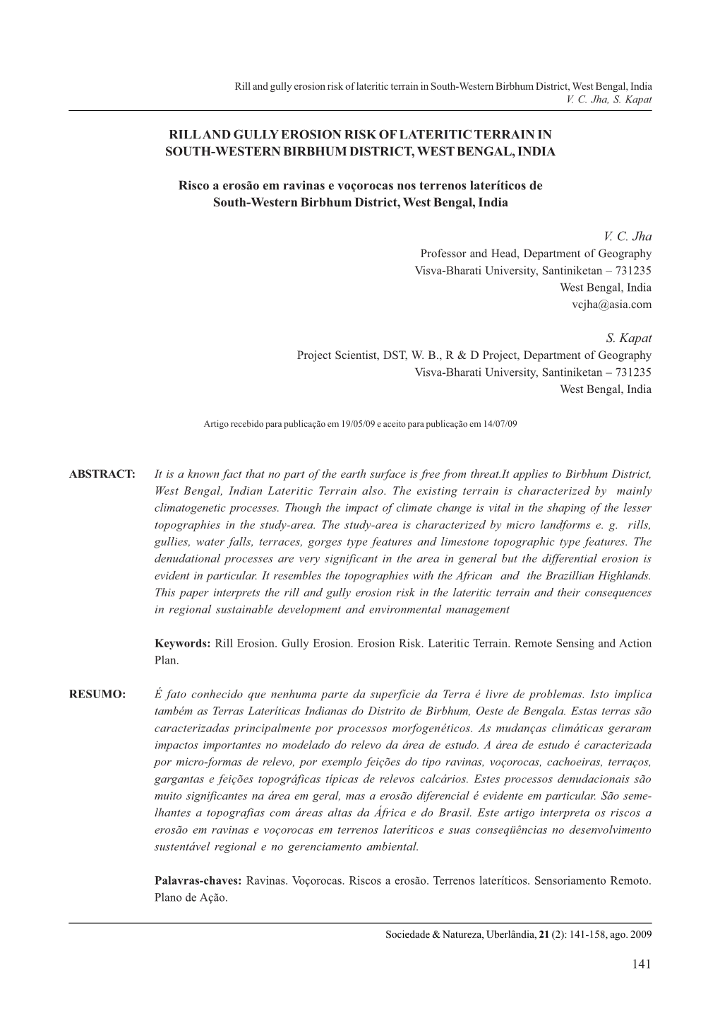 Rill and Gully Erosion Risk of Lateritic Terrain in South-Western Birbhum District, West Bengal, India V