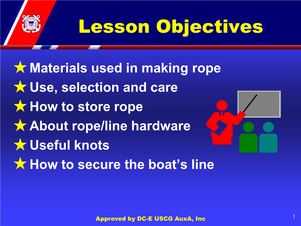 Reef Knot 45 Eye Splice 95-90 Splices Long Splice 87 Short Splice 85 Approved by DC-E USCG Auxa, Inc 21 Parts of a Line