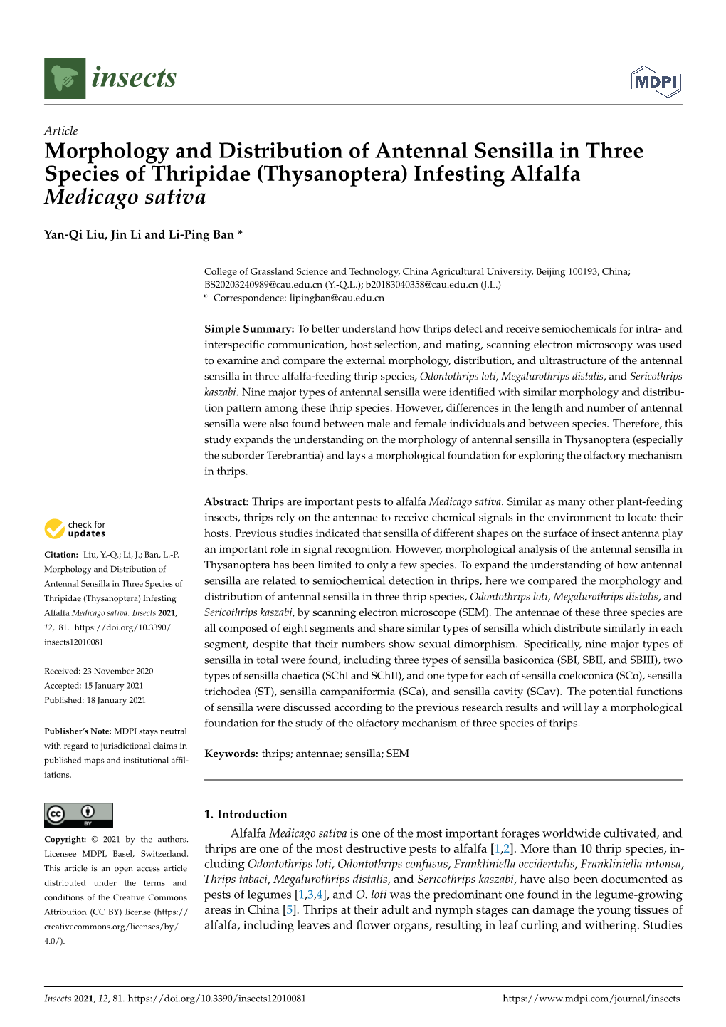 Morphology and Distribution of Antennal Sensilla in Three Species of Thripidae (Thysanoptera) Infesting Alfalfa Medicago Sativa