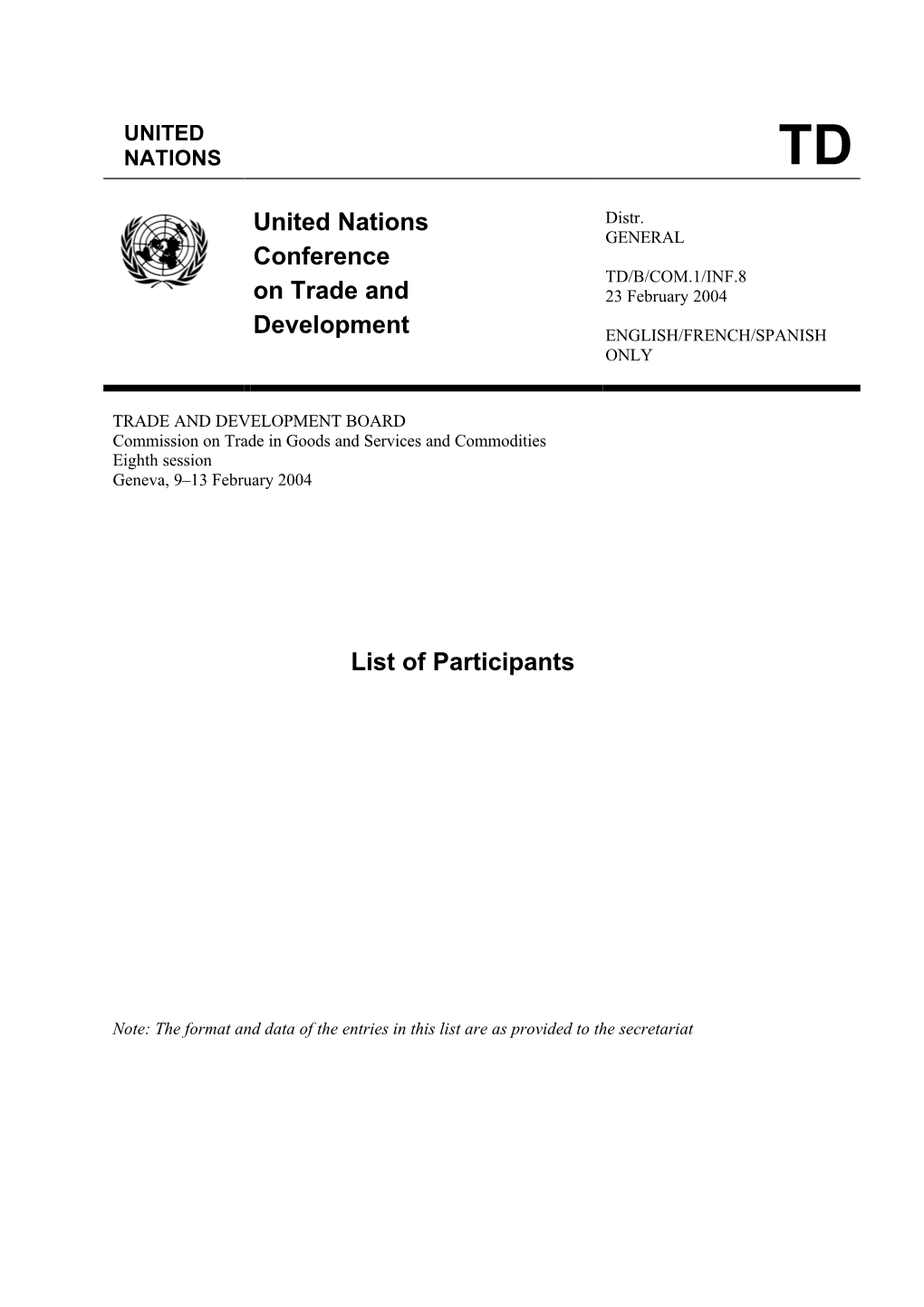 United Nations Conference on Trade and Development List of Participants