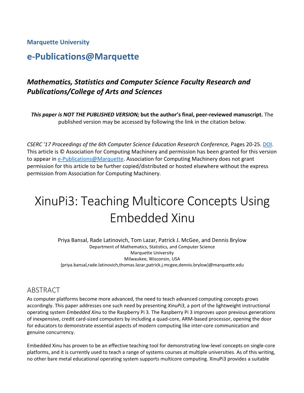 Teaching Multicore Concepts Using Embedded Xinu