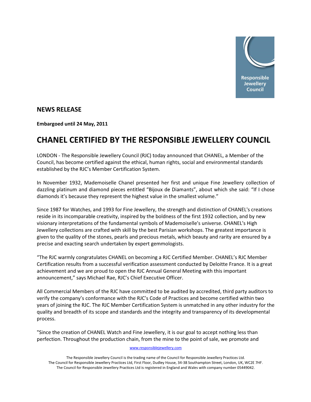 Chanel Certified by the Responsible Jewellery Council