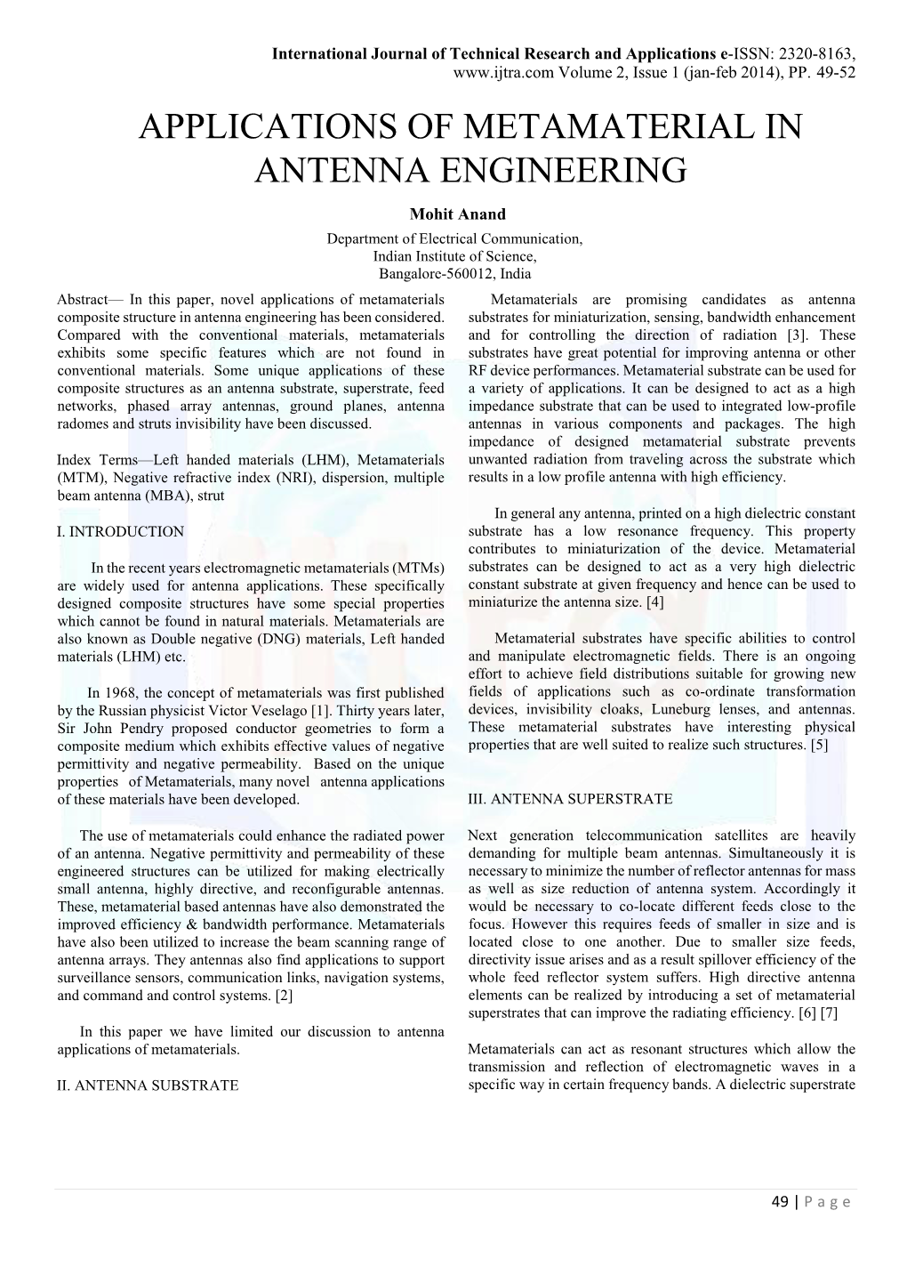 Applications of Metamaterial in Antenna Engineering