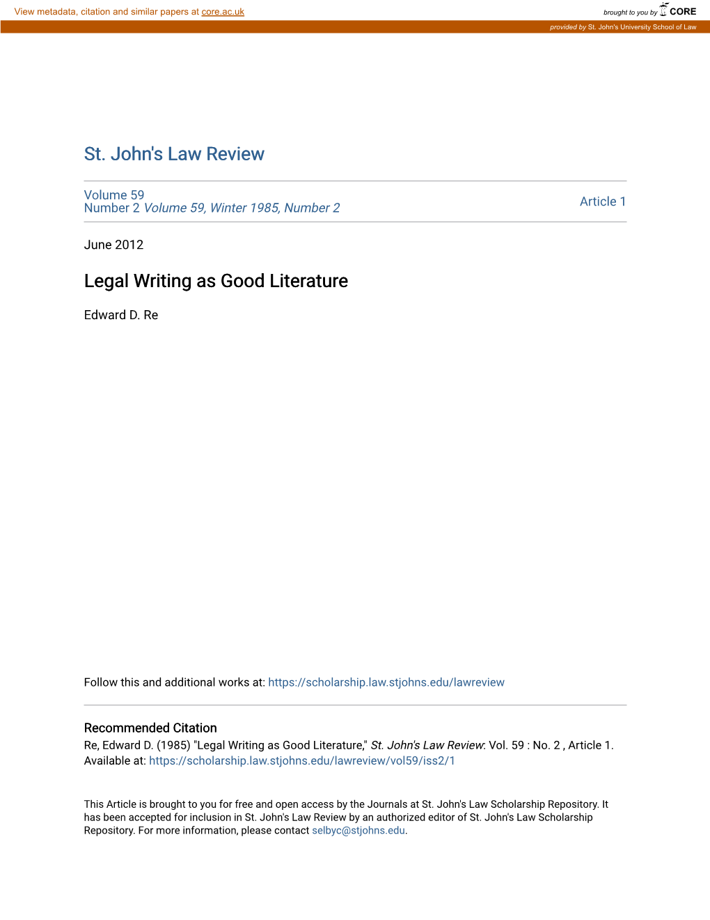 Legal Writing As Good Literature