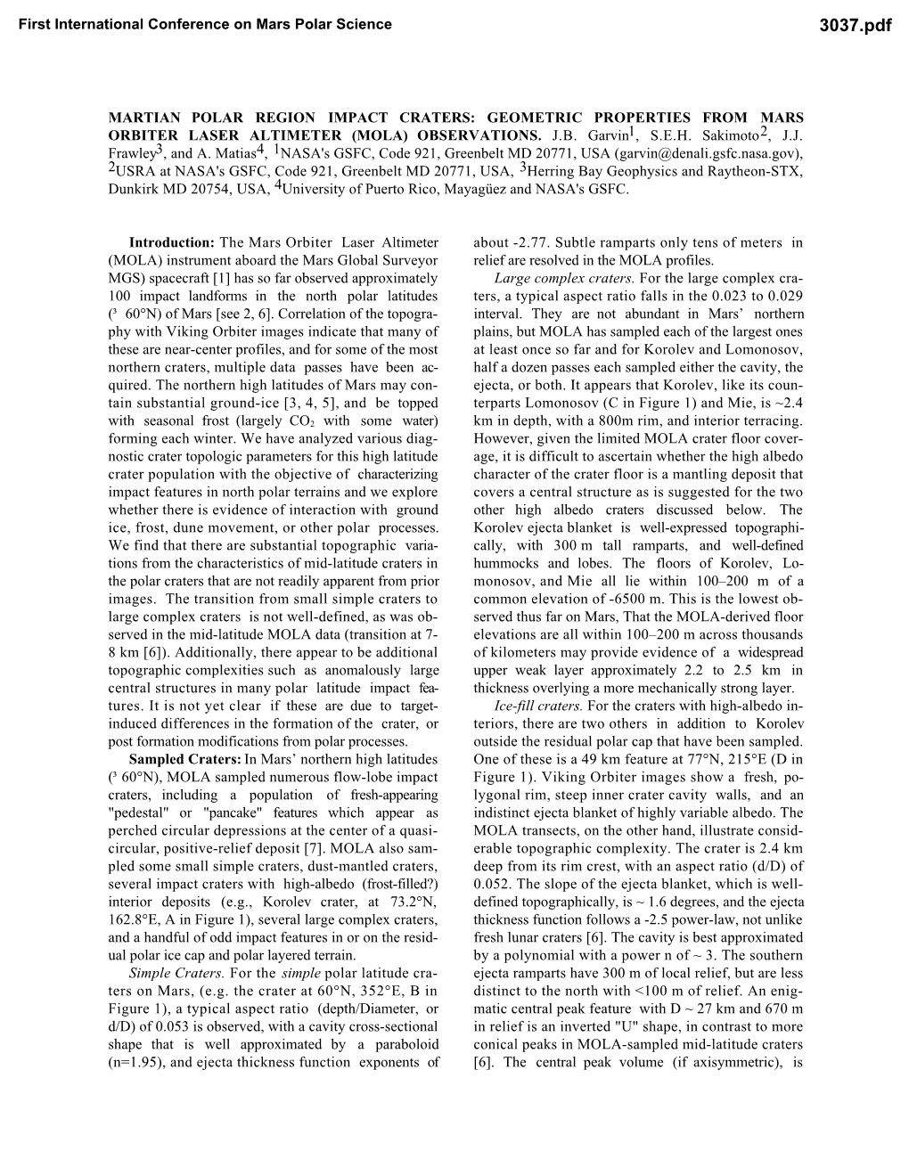 Martian Polar Region Impact Craters: Geometric Properties from Mars Orbiter Laser Altimeter (Mola) Observations