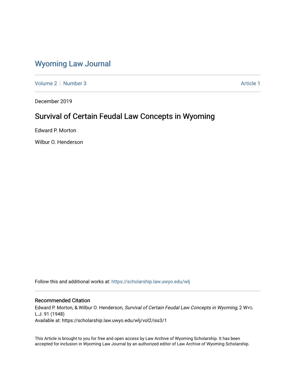 Survival of Certain Feudal Law Concepts in Wyoming