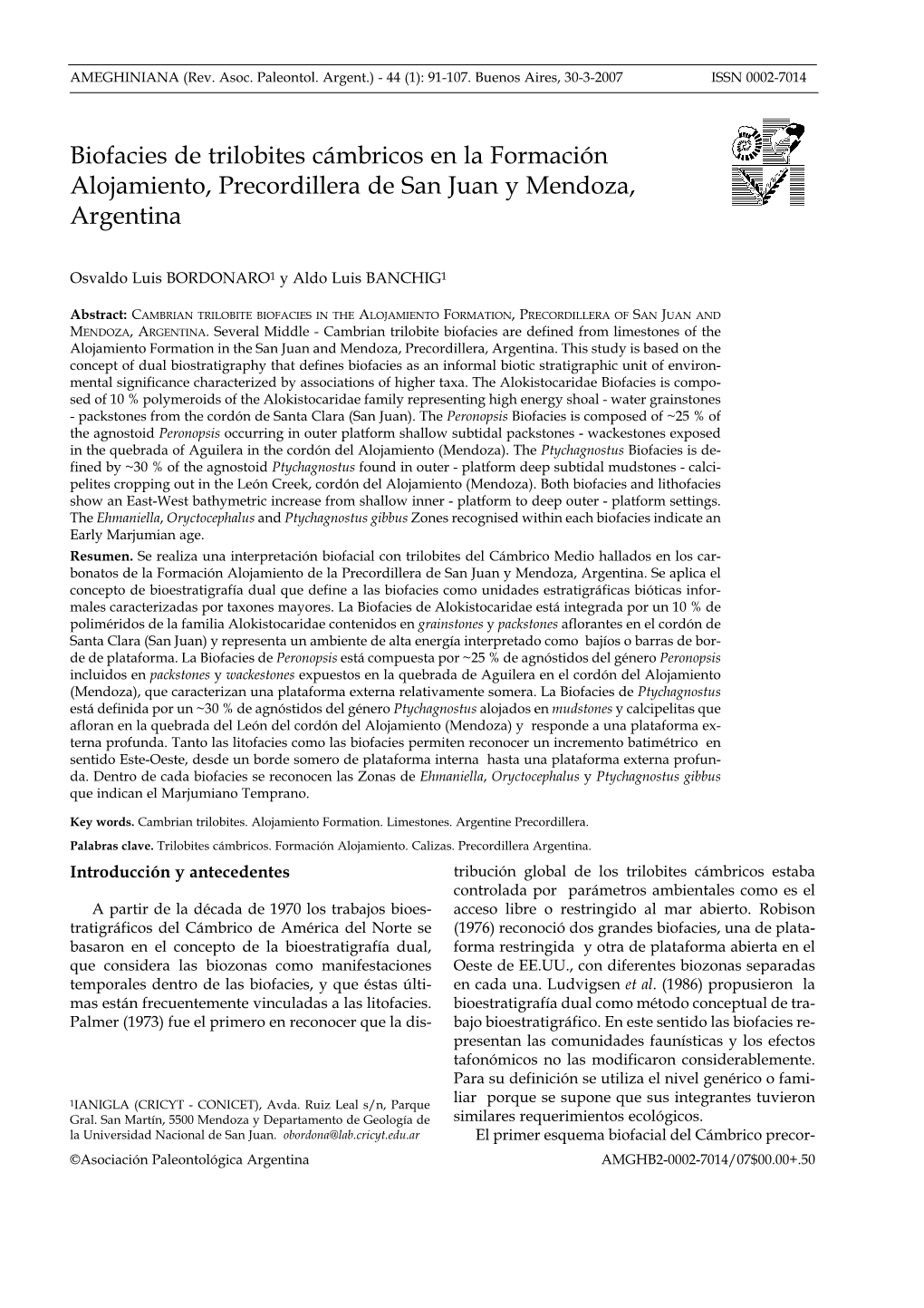 Biofacies De Trilobites Cámbricos En La Formación Alojamiento, Precordillera De San Juan Y Mendoza, Argentina