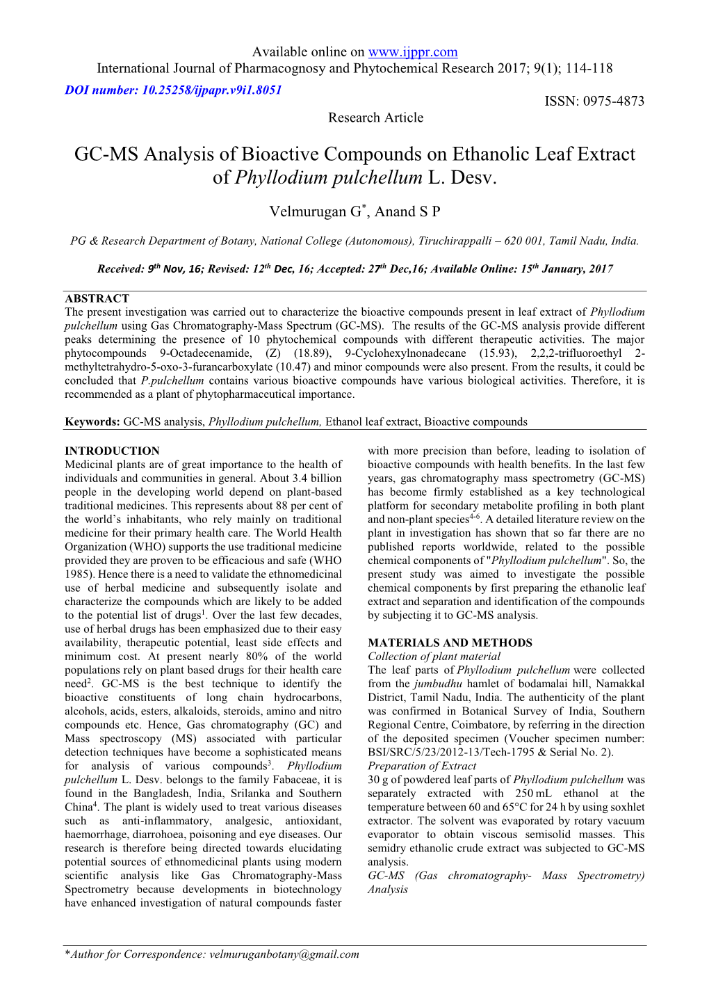 GC-MS Analysis of Bioactive Compounds on Ethanolic Leaf Extract of Phyllodium Pulchellum L