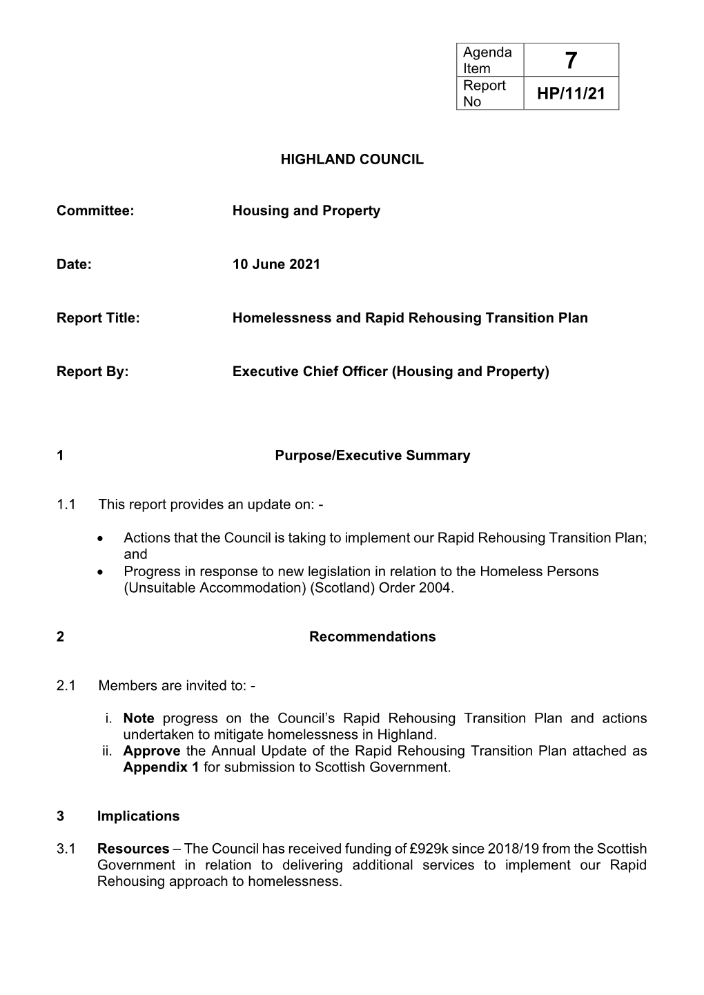 Item 7. Homelessness and Rapid Rehousing Transition Plan