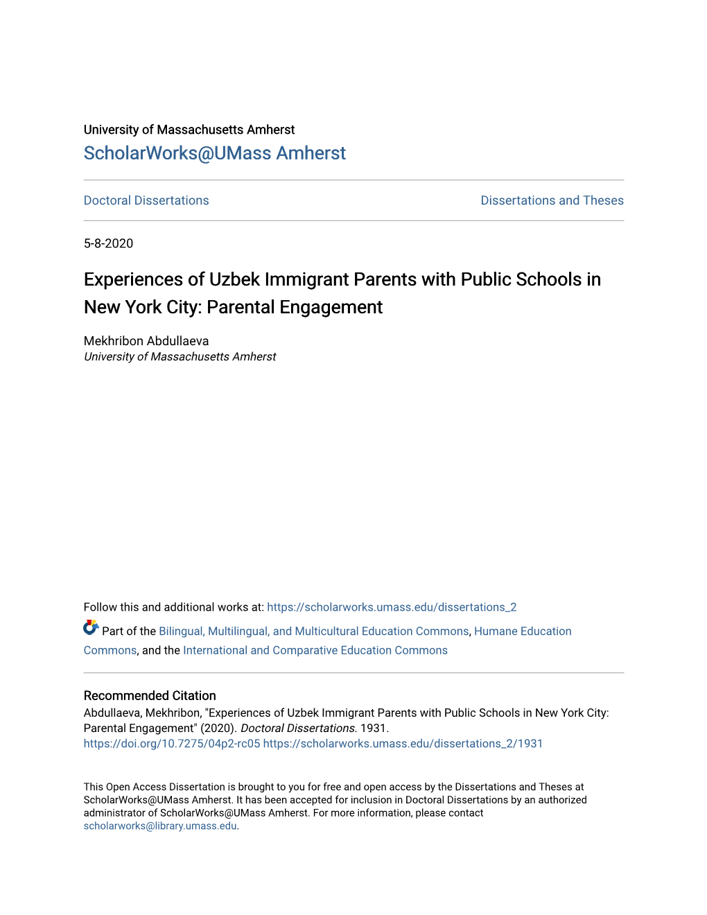 Experiences of Uzbek Immigrant Parents with Public Schools in New York City: Parental Engagement