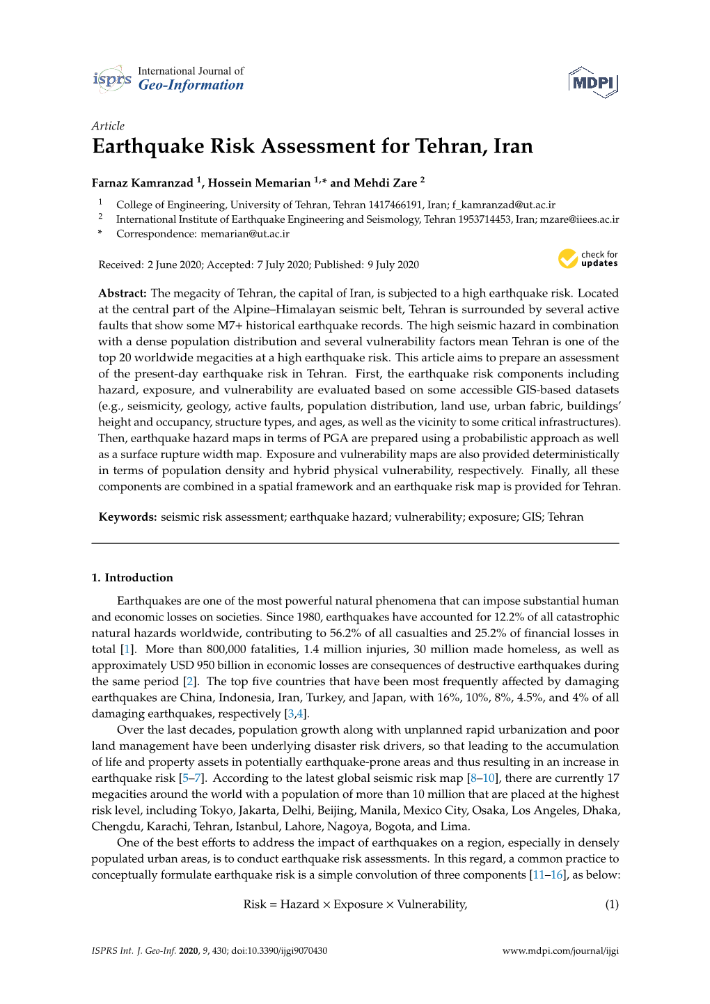 Earthquake Risk Assessment for Tehran, Iran