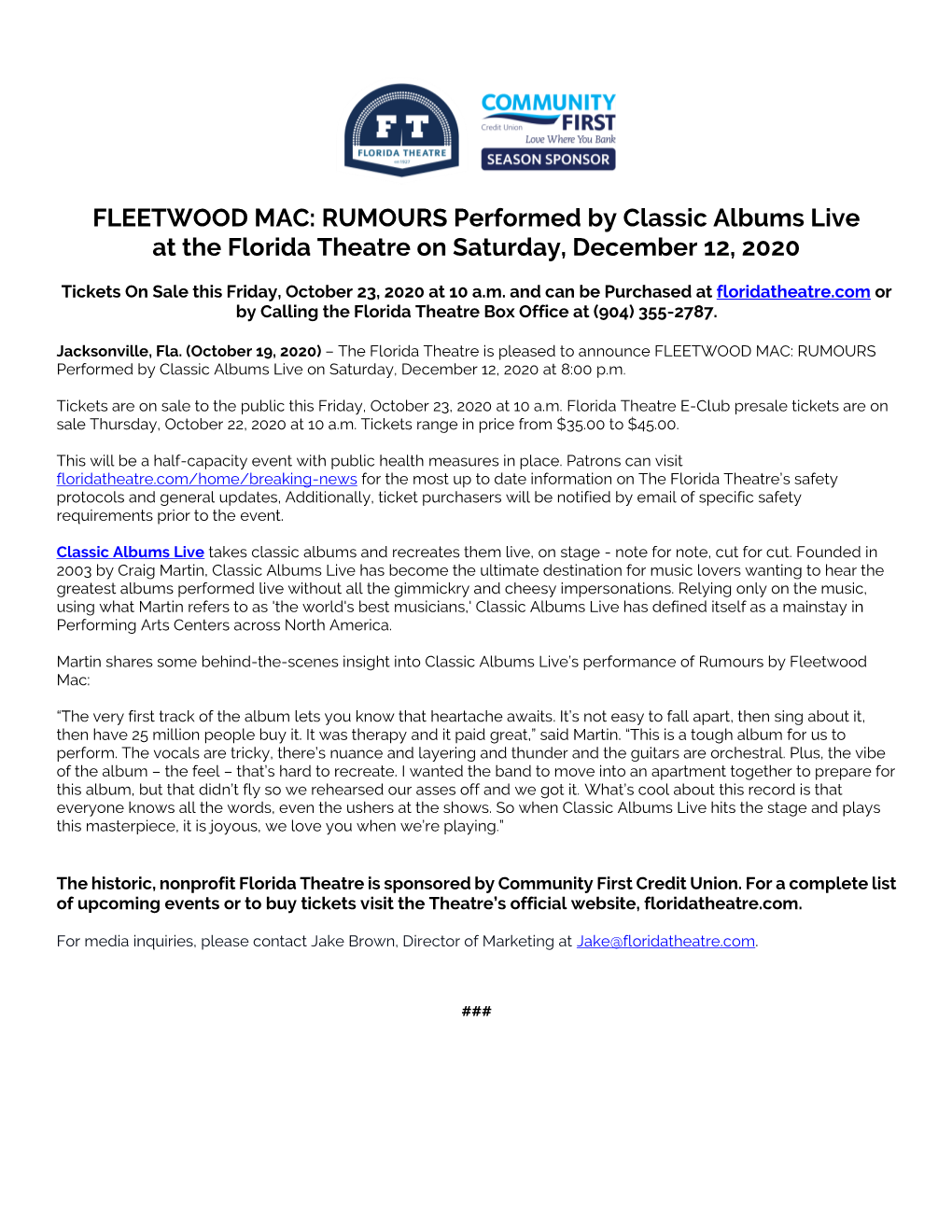 FLEETWOOD MAC: RUMOURS Performed by Classic Albums Live at the Florida Theatre on Saturday, December 12, 2020