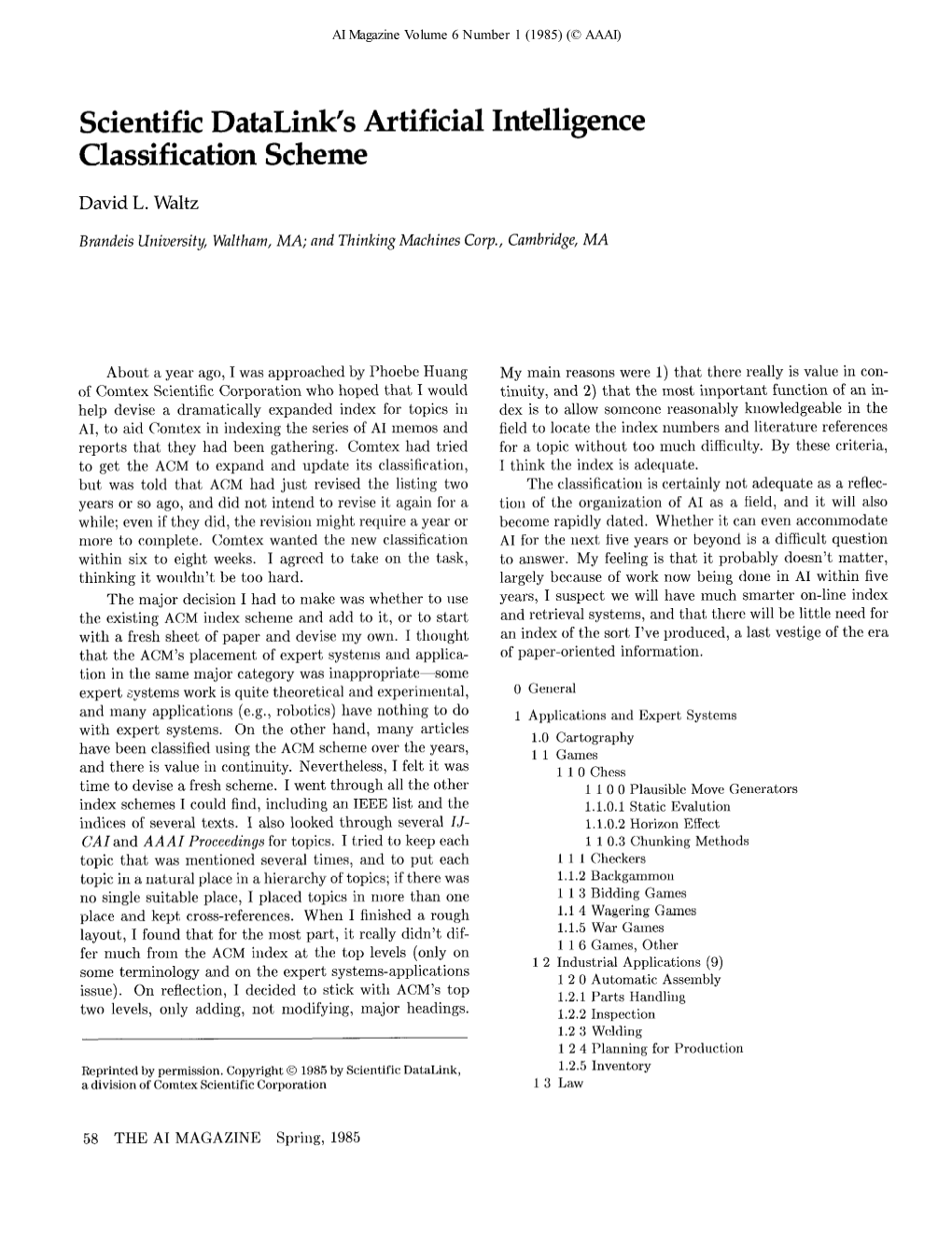 Scientific Datalink's Artificial Intelligence Classification Scheme