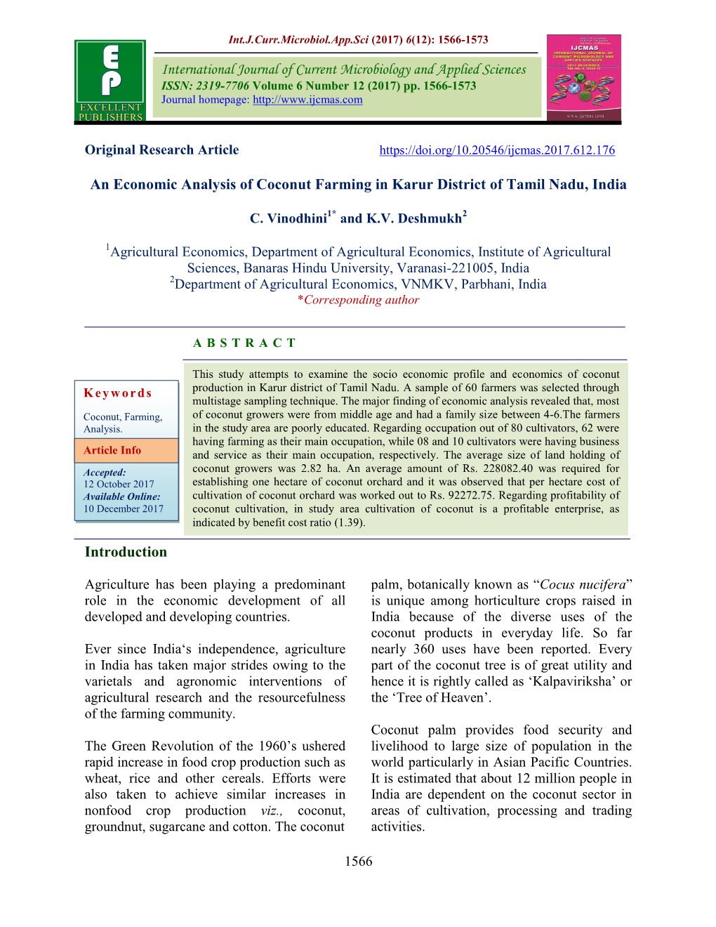 An Economic Analysis of Coconut Farming in Karur District of Tamil Nadu, India