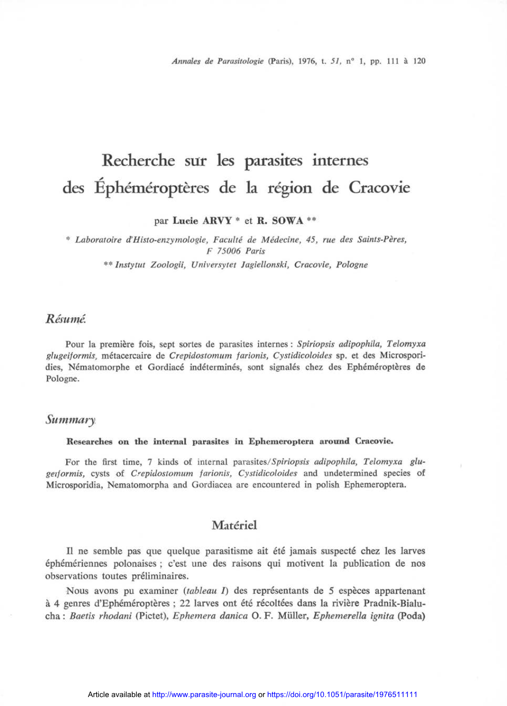 Recherche Sur Les Parasites Internes Des Éphéméroptères De La Région De Cracovie