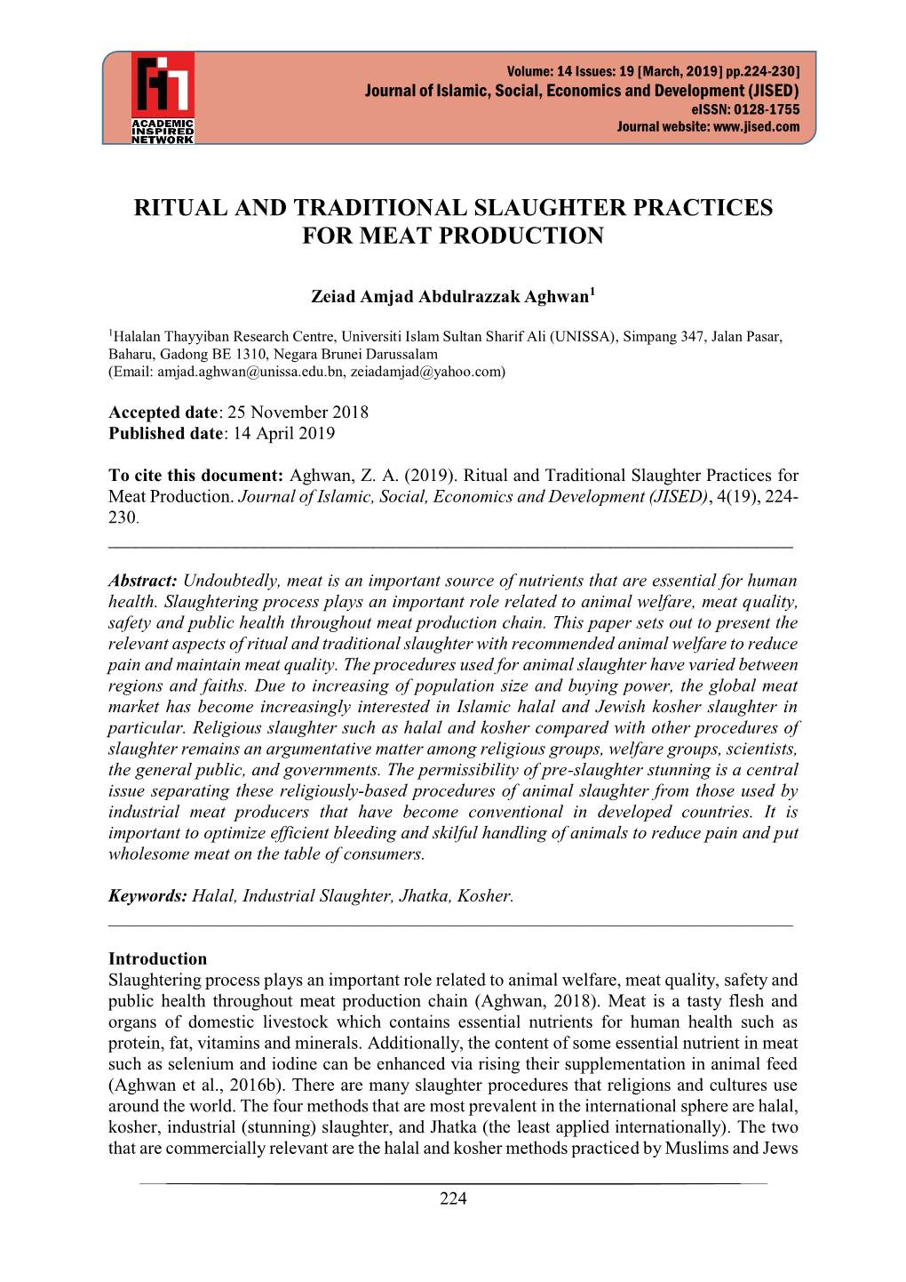 Ritual and Traditional Slaughter Practices for Meat Production