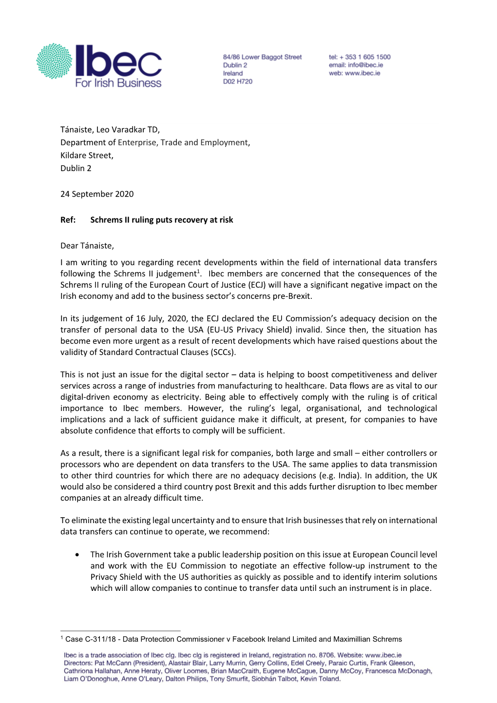 Ibec Letter to Tanaiste Leo Varadkar and Minister