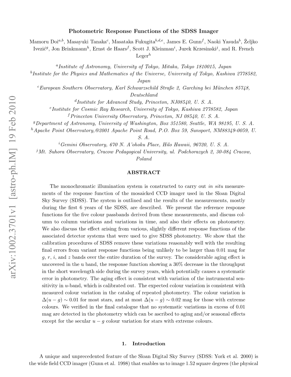 Photometric Response Functions of the SDSS Imager Mamoru Doia,B, Masayuki Tanakac, Masataka Fukugitab,D,E, James E