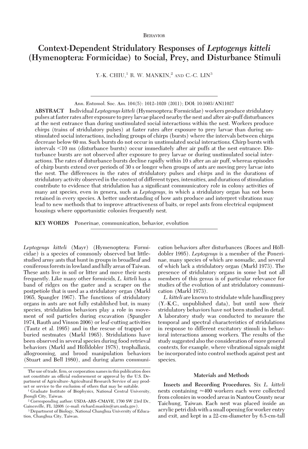 Context-Dependent Stridulatory Responses of Leptogenys Kitteli (Hymenoptera: Formicidae) to Social, Prey, and Disturbance Stimuli