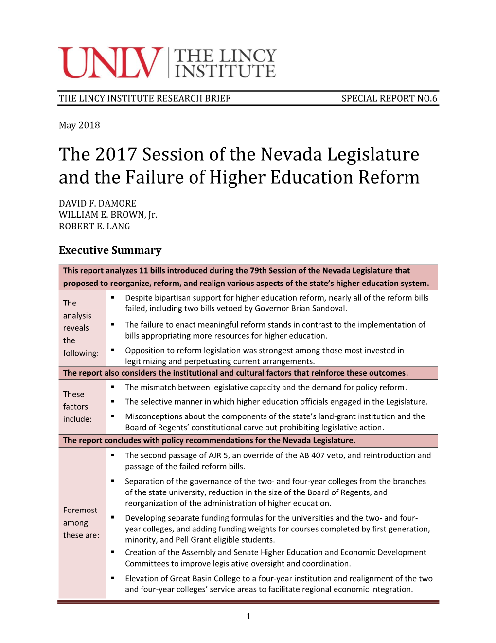 The 2017 Session of the Nevada Legislature and the Failure of Higher Education Reform