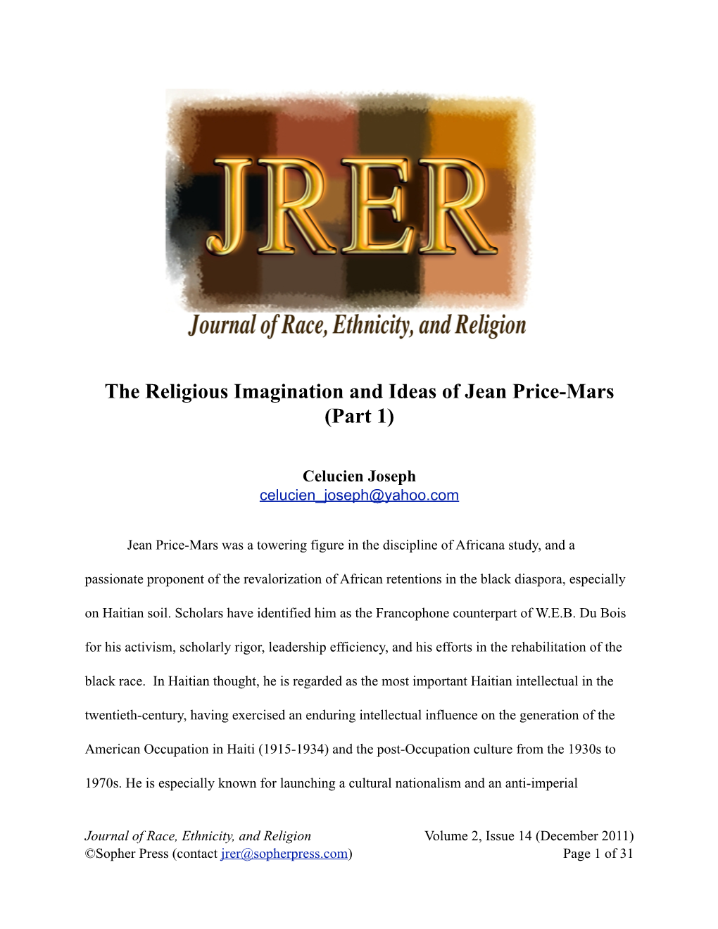 The Religious Imagination and Ideas of Jean Price-Mars (Part 1)