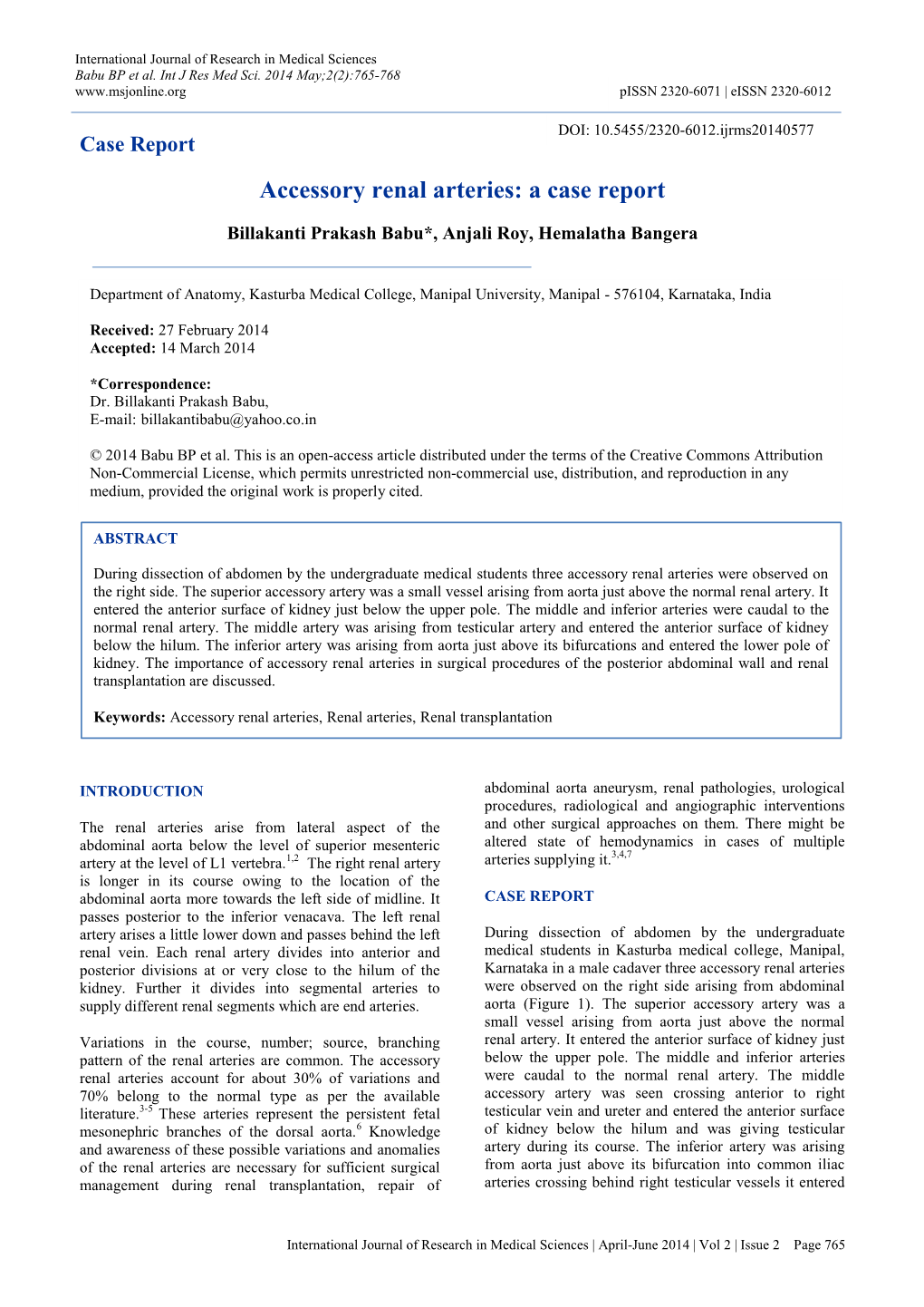 Accessory Renal Arteries: a Case Report