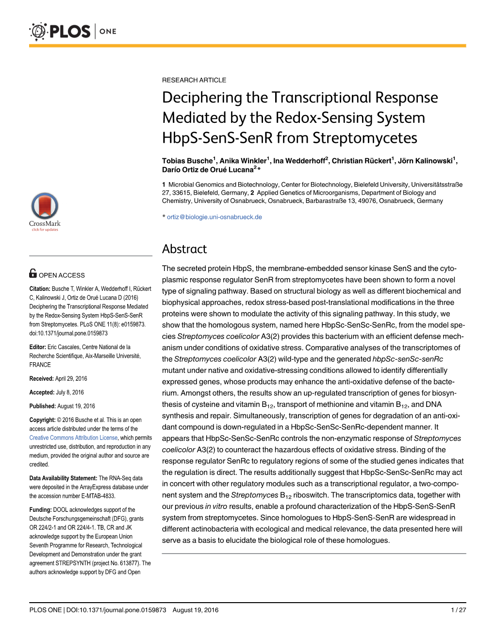Deciphering the Transcriptional Response Mediated by the Redox-Sensing System Hbps-Sens-Senr from Streptomycetes